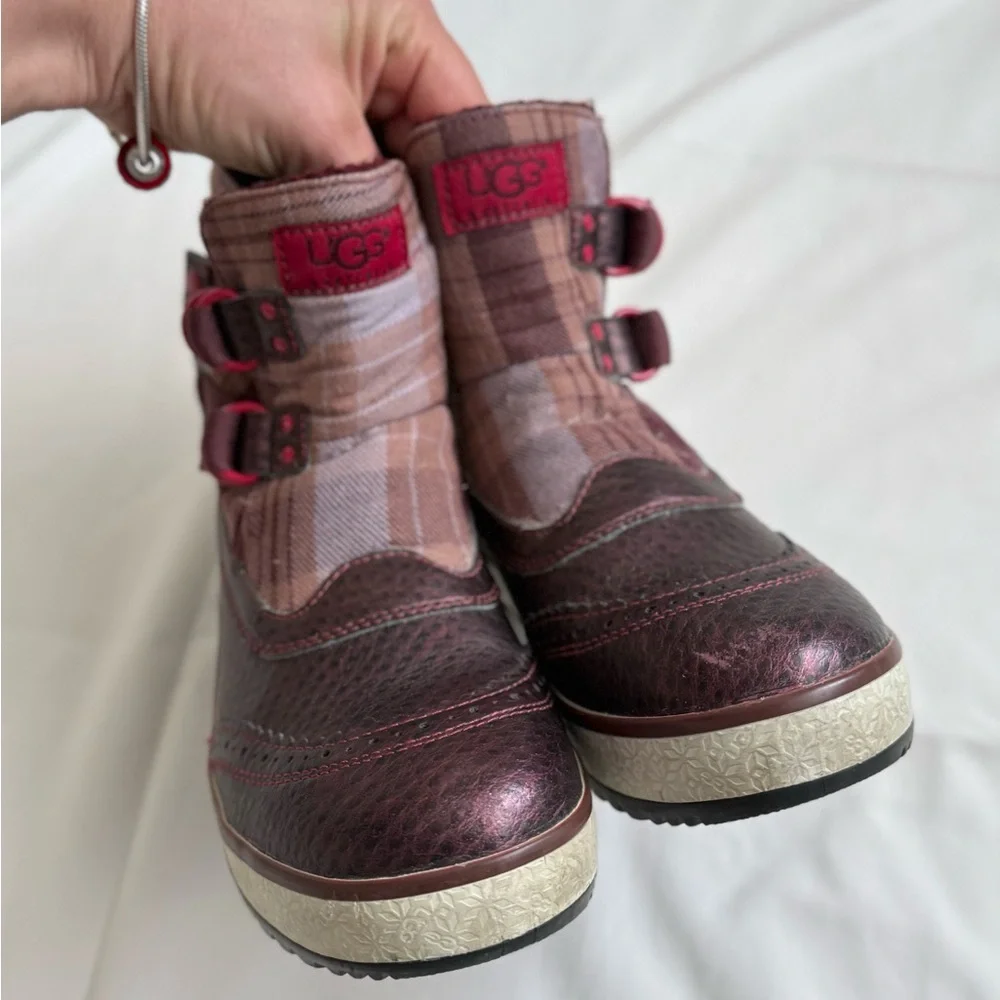 UGG Marrais Plaid Double Buckle Waterproof Lined Boots - Metallic Plum/Burgundy